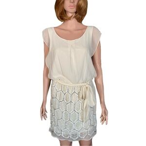CANDIE’S Off-White Vanilla Ice Chiffon Beaded Silver Sequin Mini Lined Dress NWT